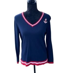 Crown & Ivy Ladies Pull Over Top Red White Blue Nautical Sailing VNeck Anchor Sm